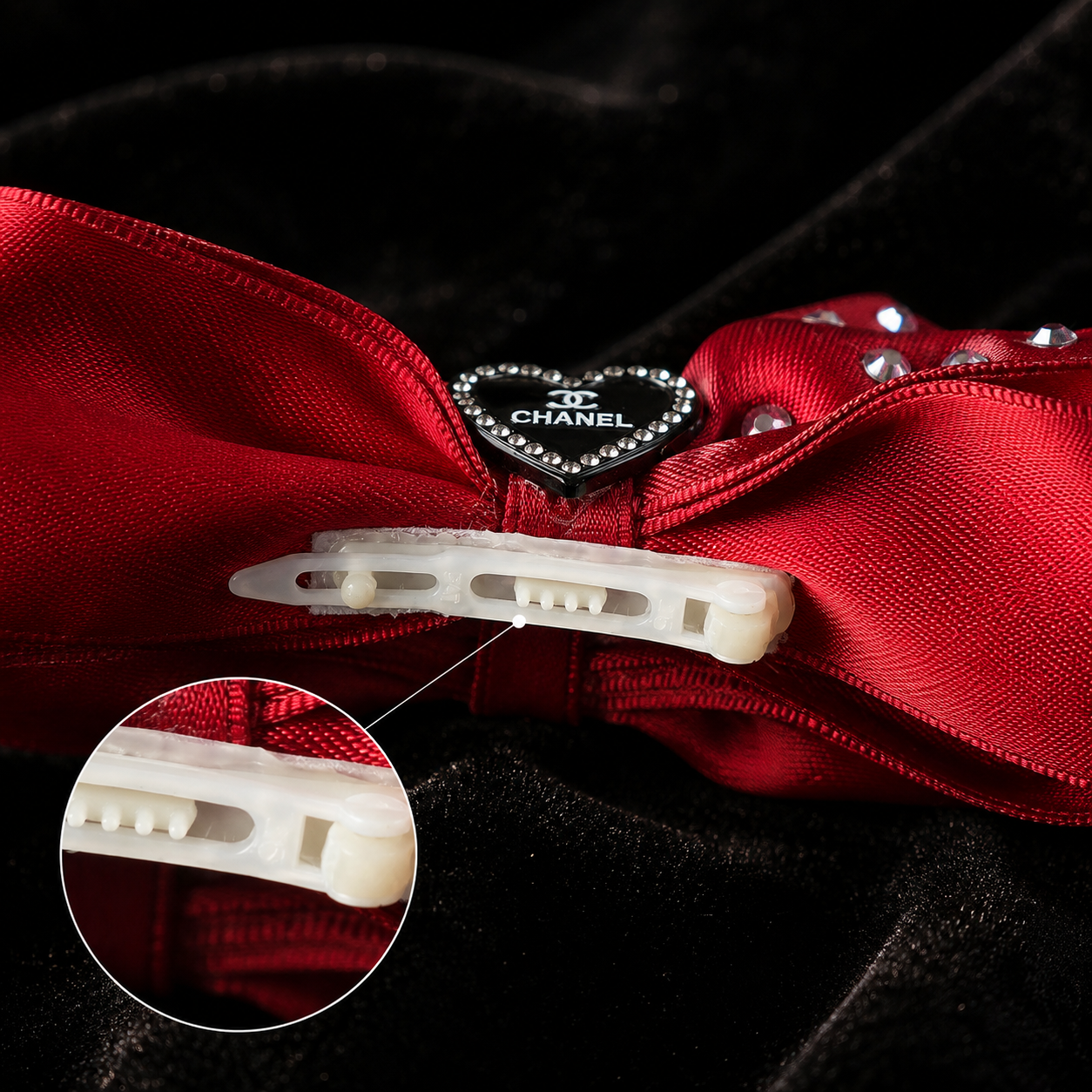 Satin Rhinestone Pet Bow Hair Clip - visible pet bow hair clip detail view 2