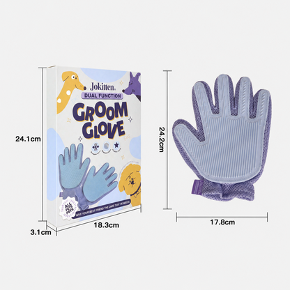 Blue pet grooming glove and package size chart showing glove and box measurements
