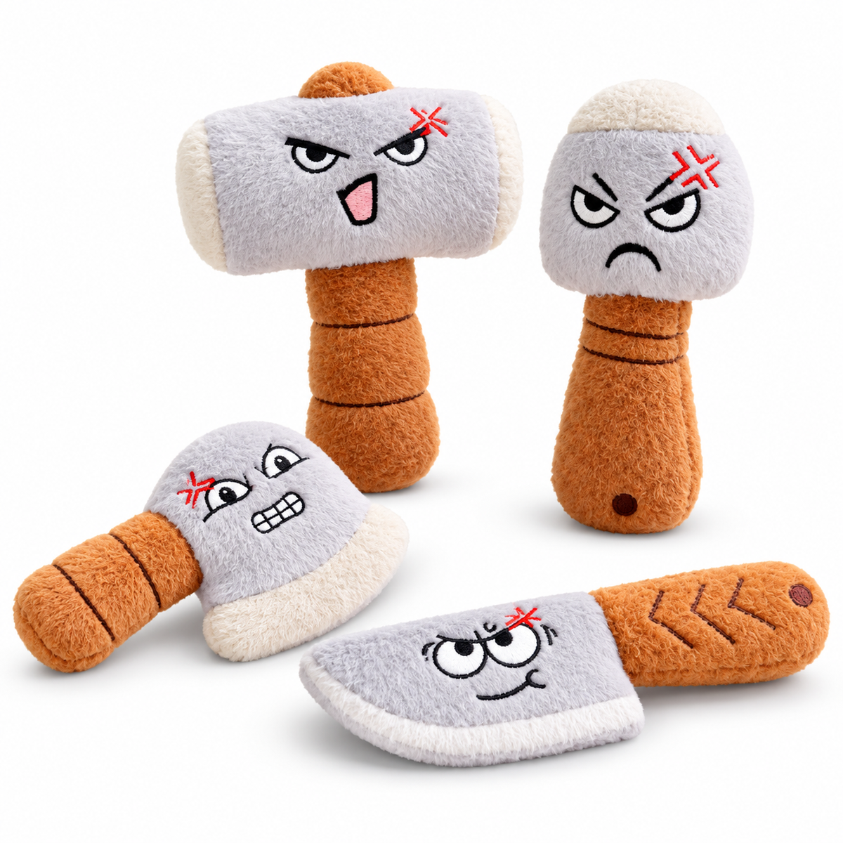 Knife axe and hammer tool shaped plush pet toy designs on white background