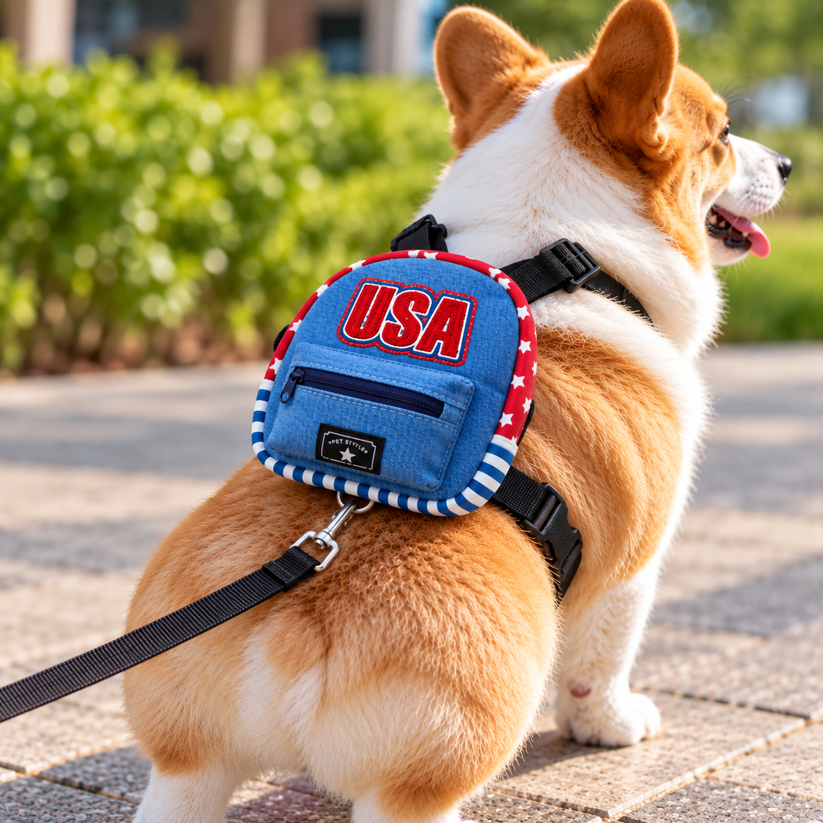 Corgi wearing blue denim dog backpack harness with attached black leash outdoors