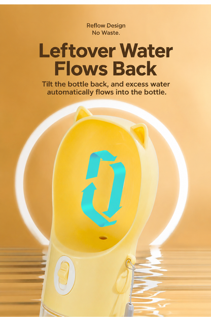 Cat-ear drinking trough and slide switch on yellow portable pet water dispenser