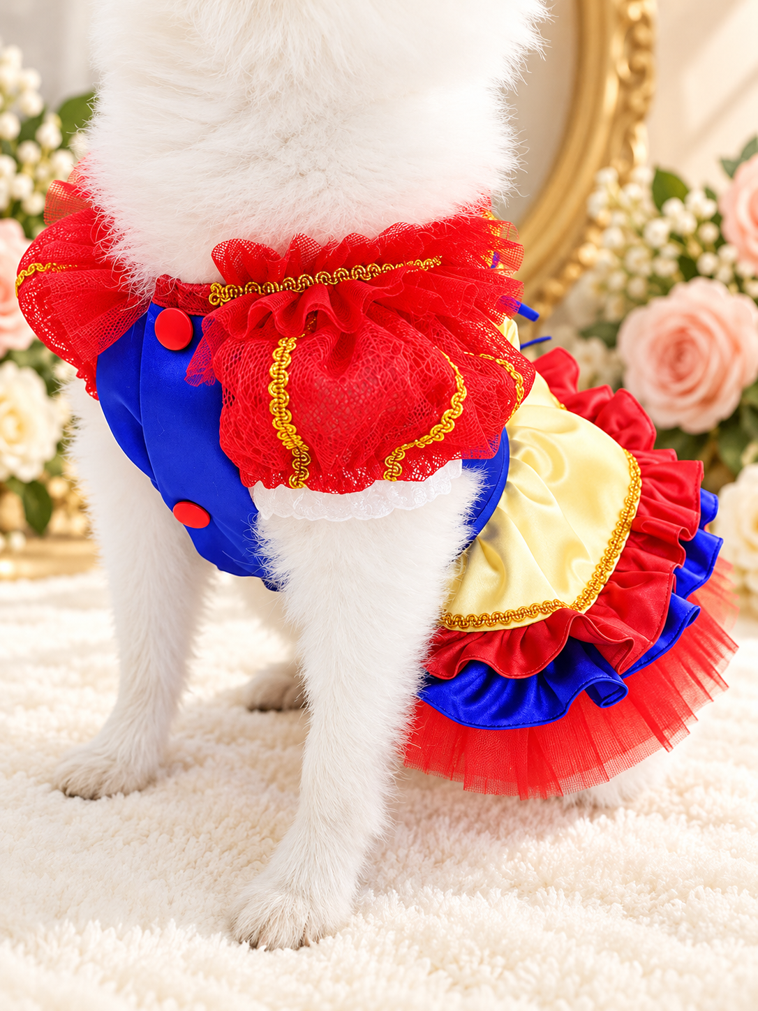 Side view of dog wearing ruffled lace Christmas pet dress