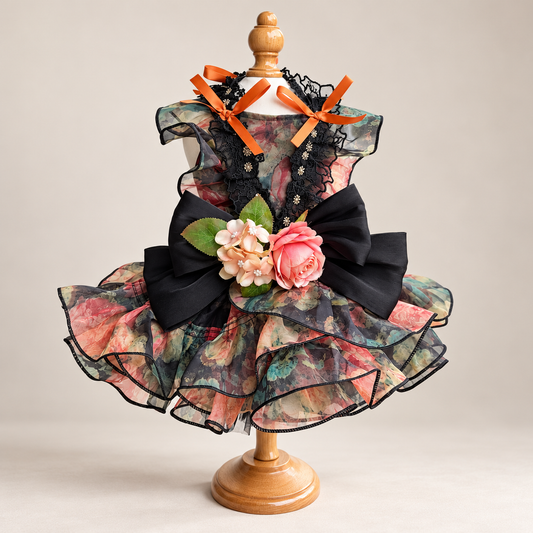 Studio front view of multicolor floral tulle pet dress with dark bow and flowers