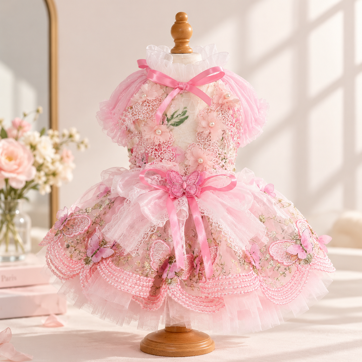 Front view of pink butterfly tulle pet dress with floral lace and bows