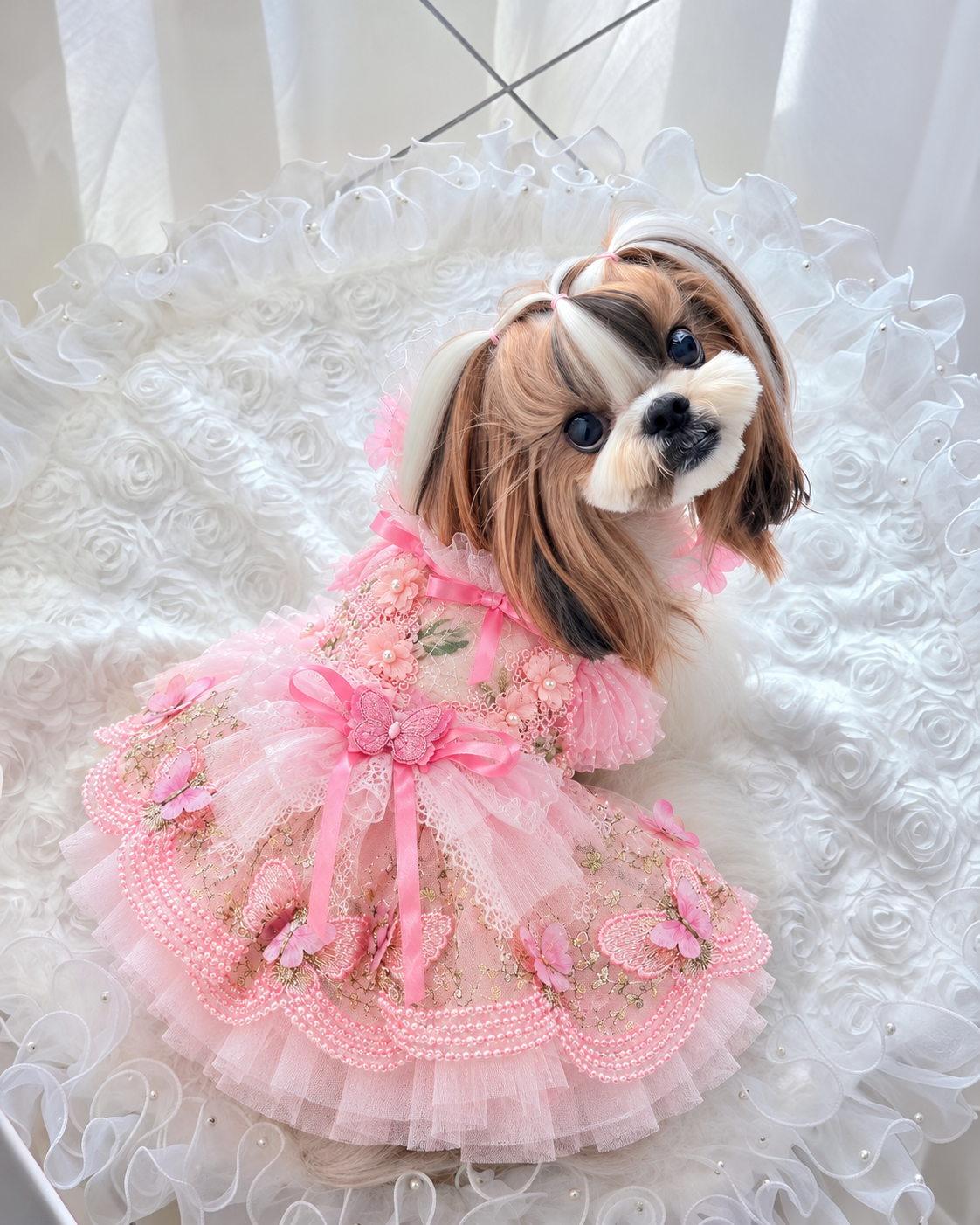 Small dog wearing pink butterfly tulle pet dress for a portrait