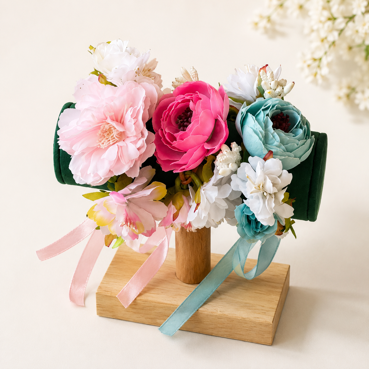 Pink and blue pet floral crown headpieces displayed on a wooden stand