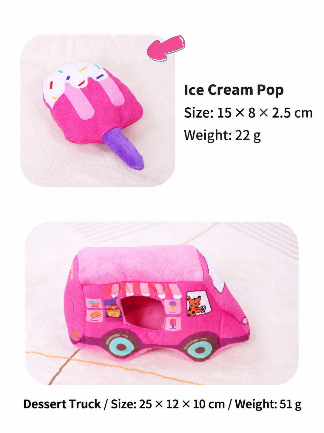 Pink ice cream truck plush dog toy and ice cream pop size diagram