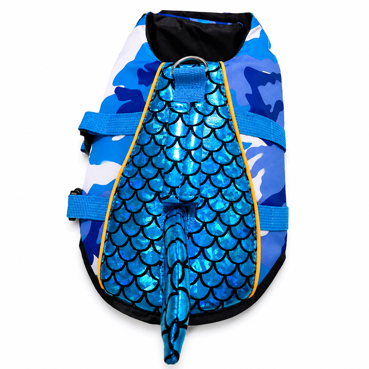 Blue XS mermaid dog life jacket with fish scale tail, blue camo panels, D-ring, and buckle straps