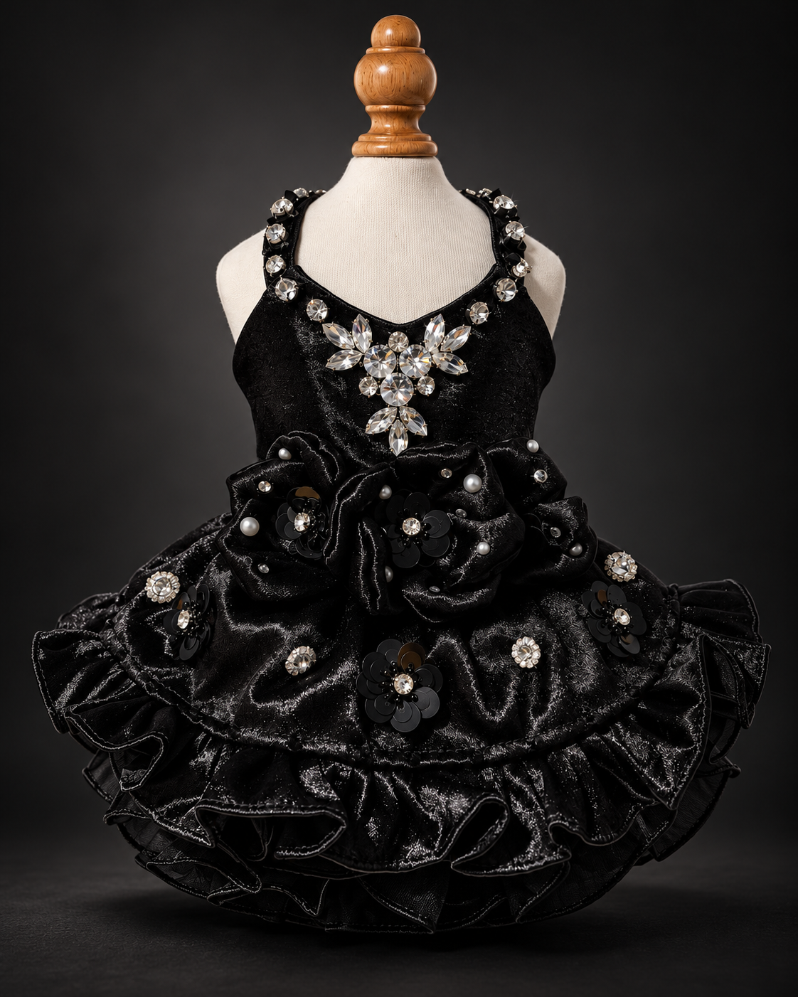Black satin pet gown displayed against dark background with tiered ruffle skirt