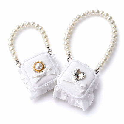 Two white pet wedding ring bearer boxes with pearl necklace and pearl or crystal heart accents