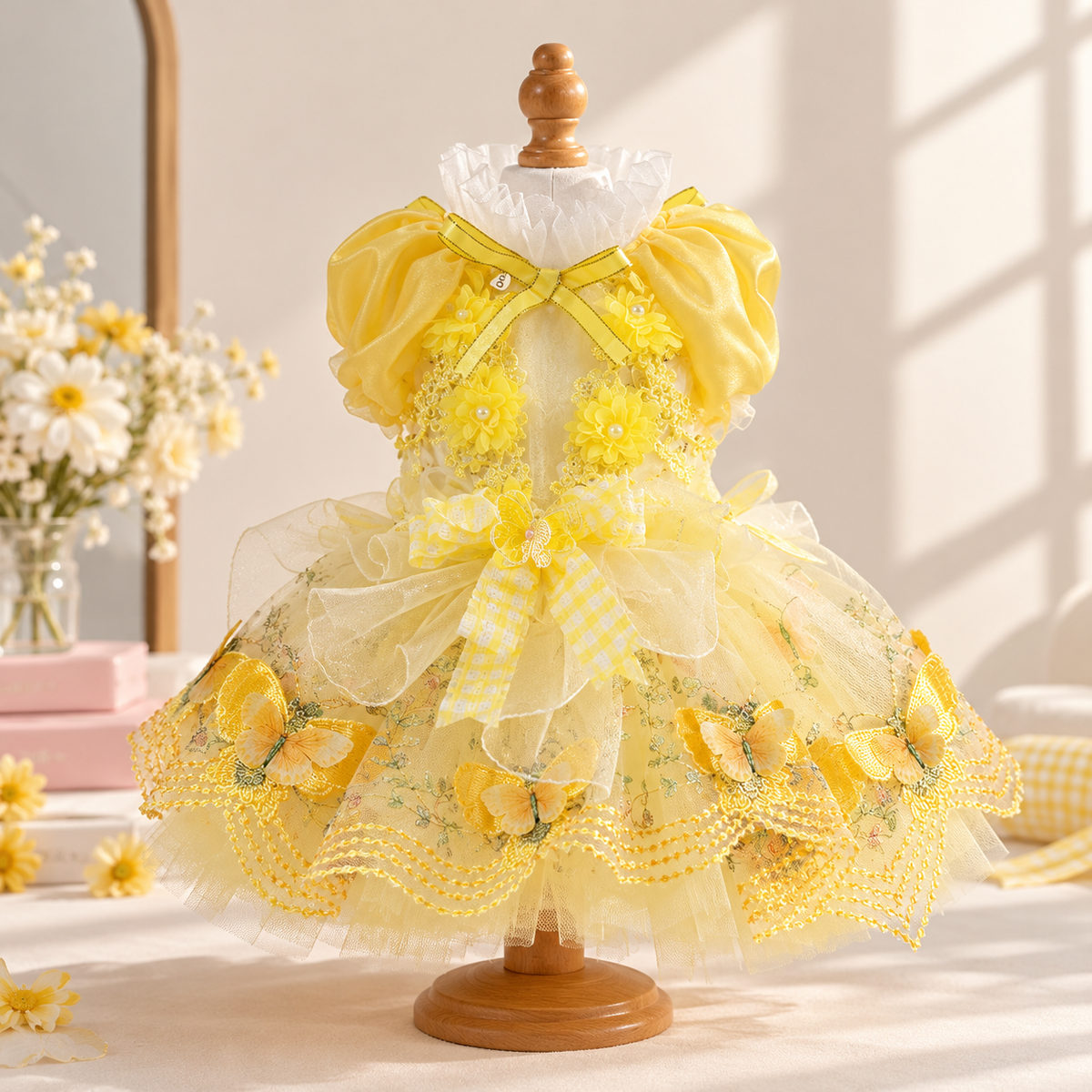 Front view of yellow butterfly tulle pet dress on a mannequin