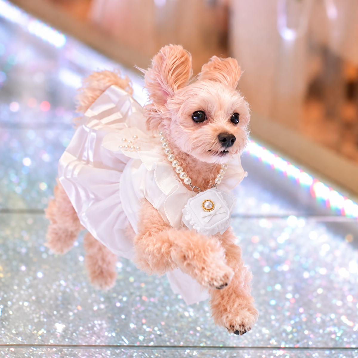 Small dog wearing pearl pet wedding necklace with white ring box