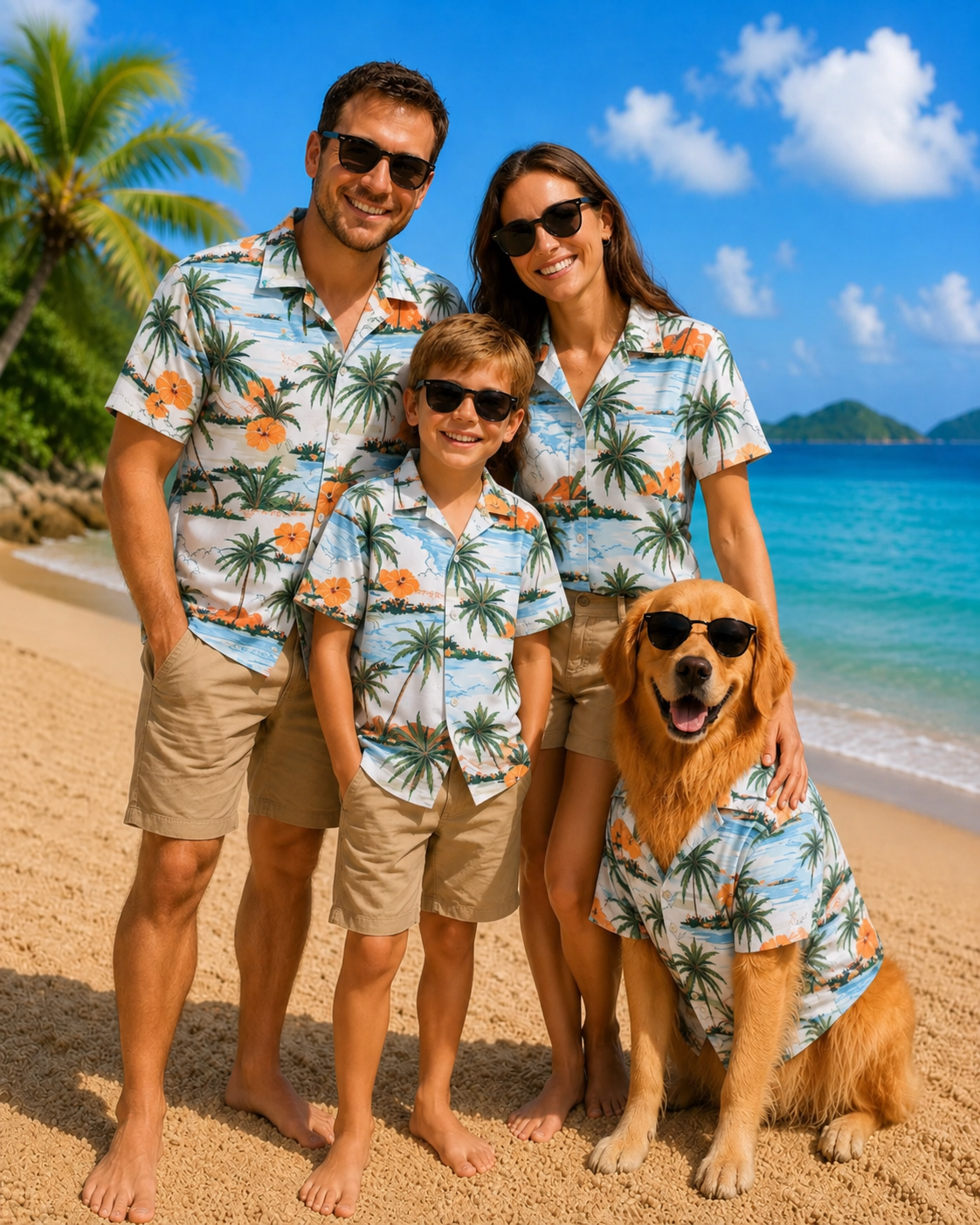 Family and dog wearing matching tropical Hawaiian shirts on the beach
