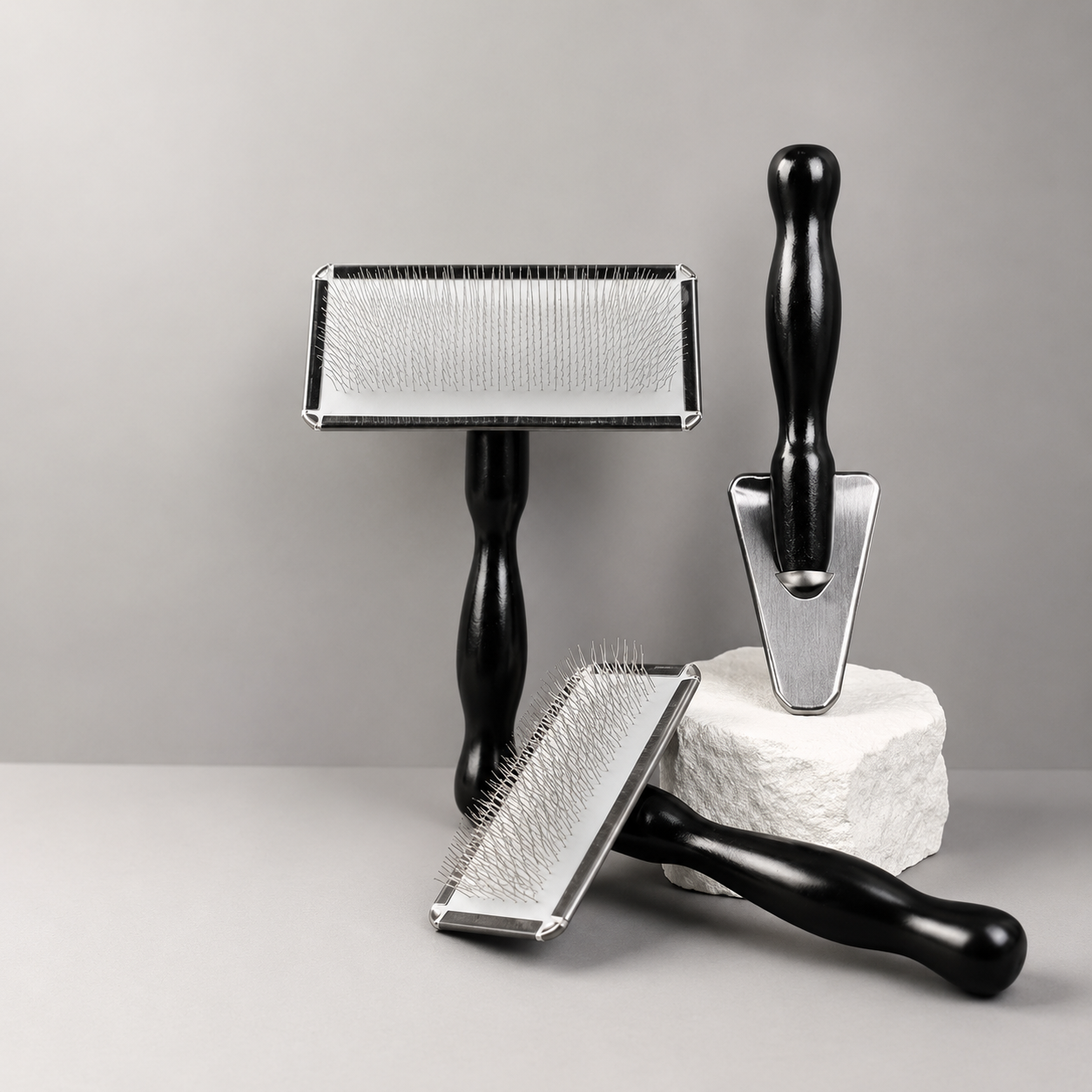 Black pet slicker brushes in S, L, and Triangle shapes on gray display