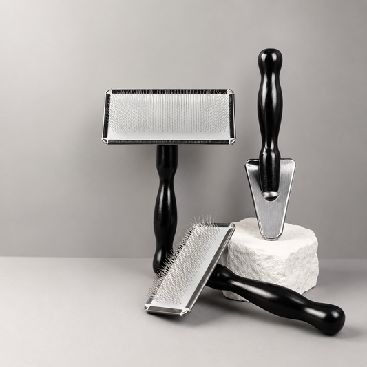 Black pet slicker brushes in S, L, and Triangle shapes on gray display