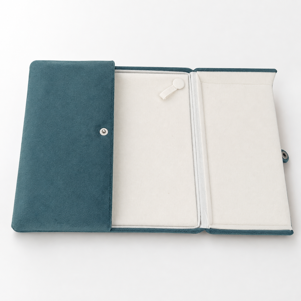 Open teal pet necklace gift box with cream interior and necklace display pad