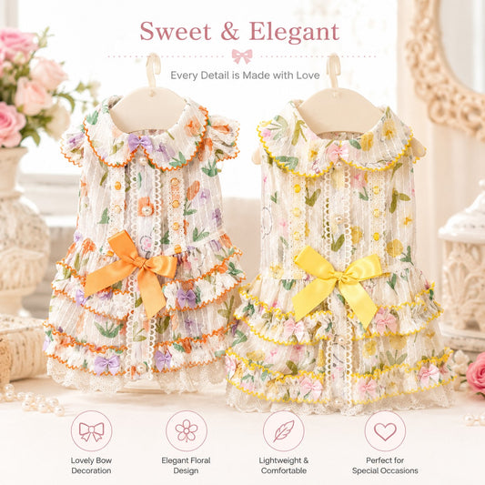 Small dog wearing floral lace pet dress with yellow satin bow, layered ruffles, pearl accents, and cottagecore spring design