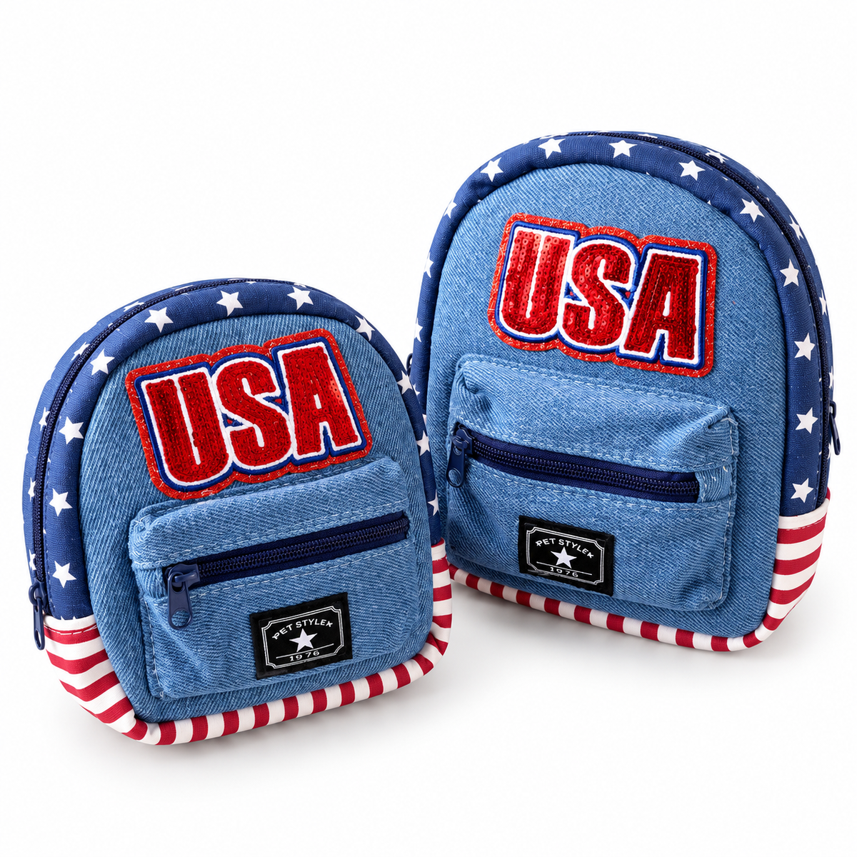 Small and medium blue denim dog backpacks with USA patch and zippered front pockets