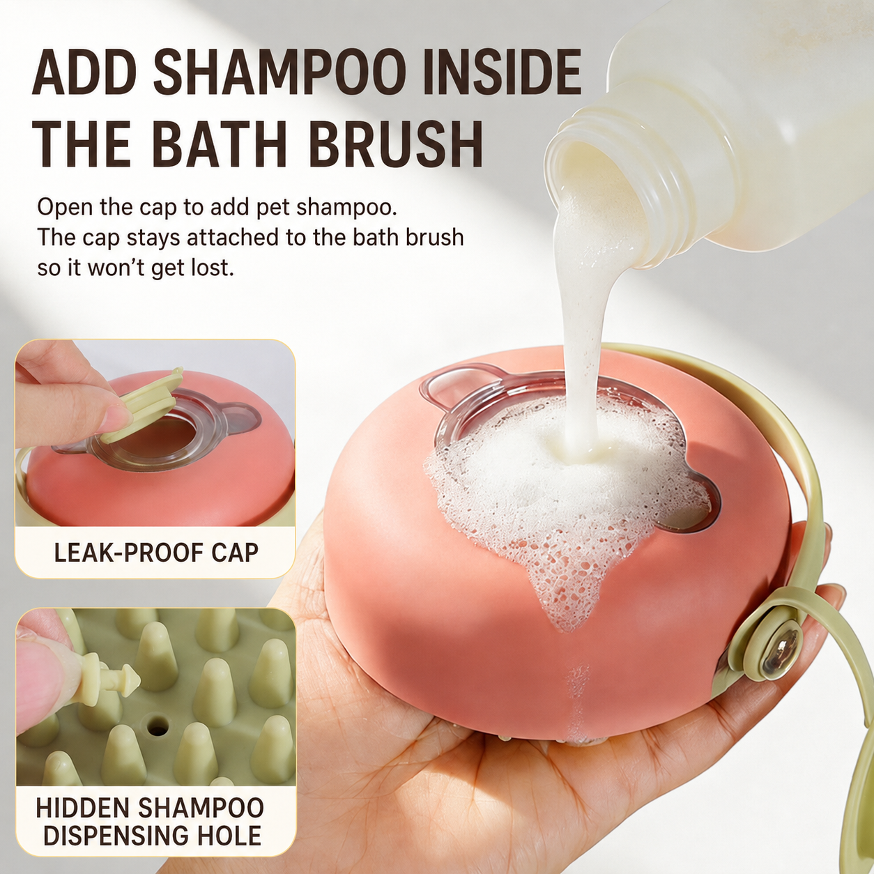 Pet bath brush feature image showing shampoo fill cap and hidden dispensing hole