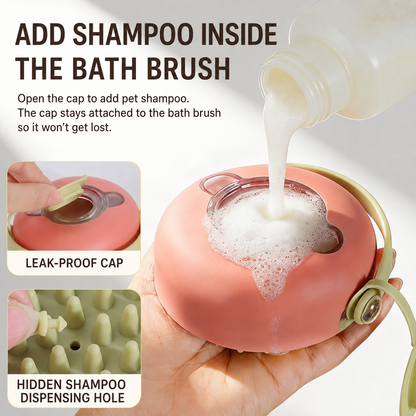 Pet bath brush feature image showing shampoo fill cap and hidden dispensing hole