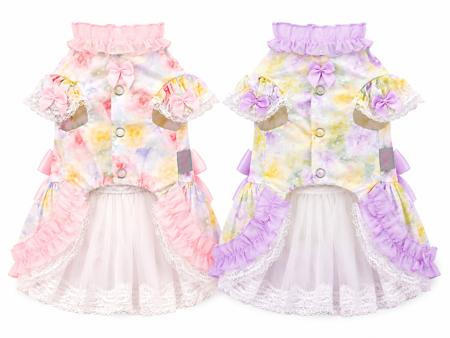 Back view of floral princess dog dresses showing snap closure, lace trim, satin bows, and tulle underskirt