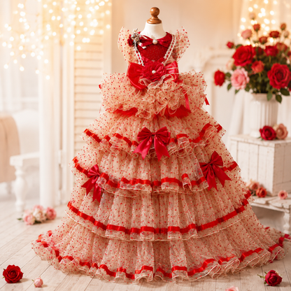 Luxury red and ivory pet wedding gown with layered ruffles, satin bows, floral accents, and dramatic long train