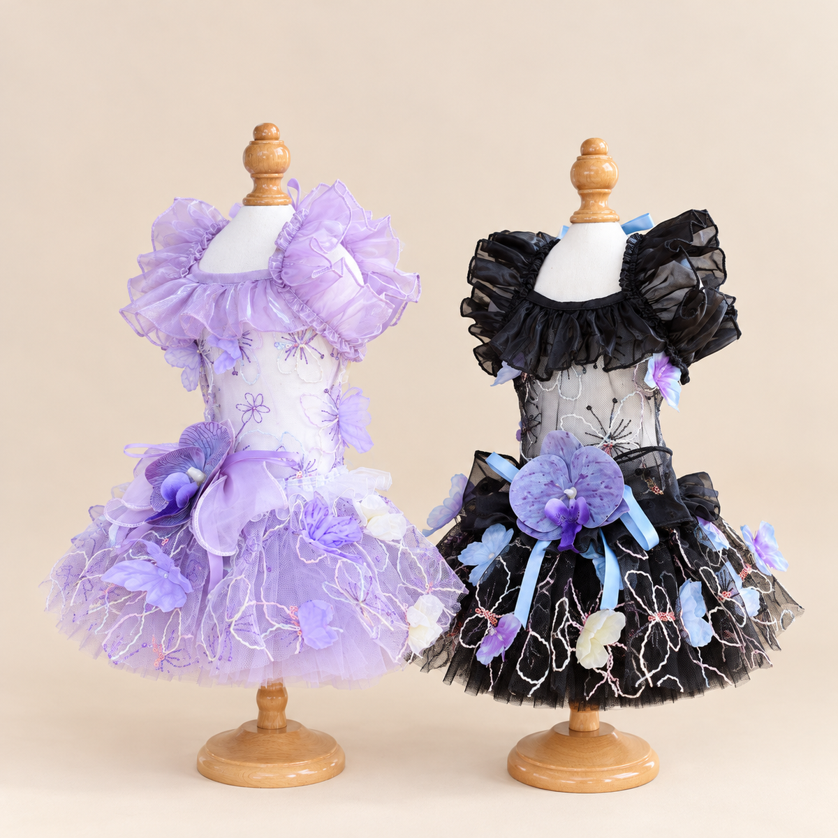 Lavender and Black floral lace tulle pet dresses on mannequins