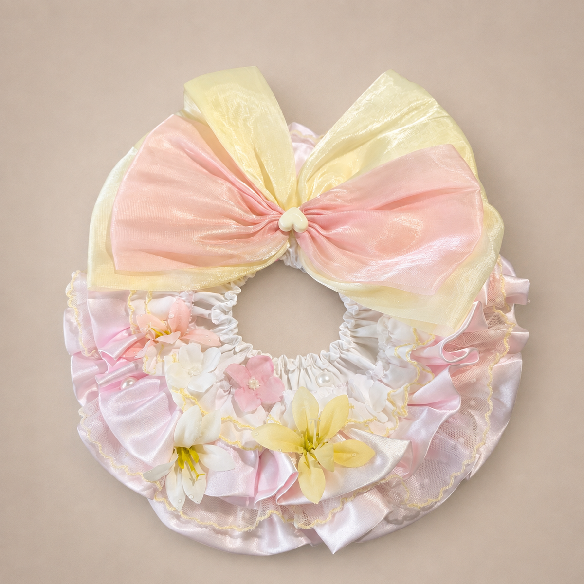 Pink Yellow Floral Satin Lace Pet Bib Collar - pink yellow collar flat lay