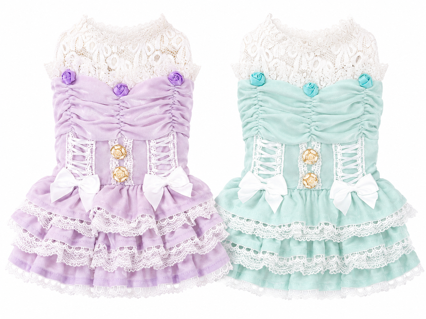 Small Maltese wearing lavender luxury lace princess dog dress in a spring garden setting