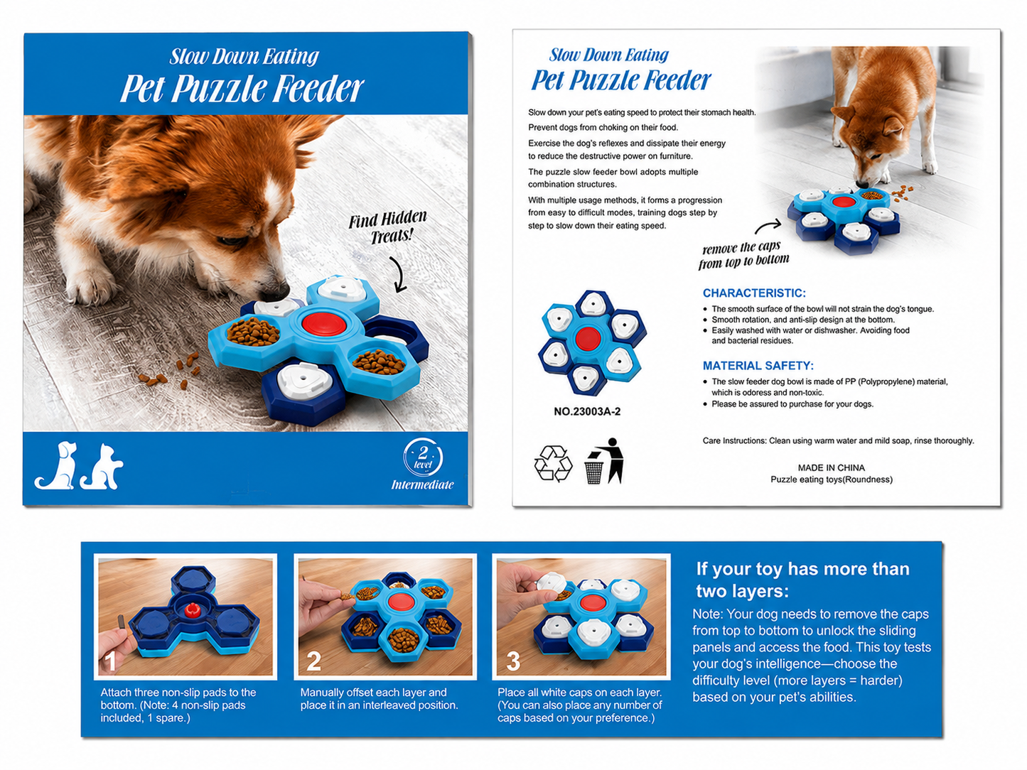 Pet puzzle feeder packaging showing blue red two level intermediate hidden treat toy