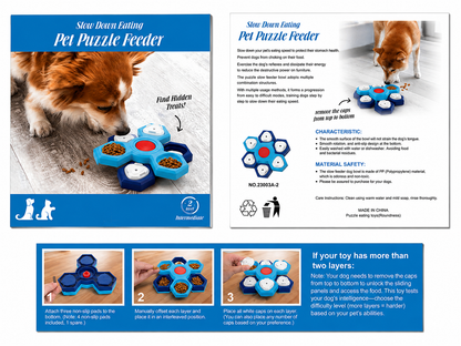 Pet puzzle feeder packaging showing blue red two level intermediate hidden treat toy