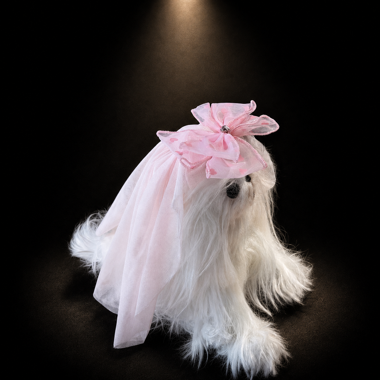 Small white dog wearing pink tulle bow pet veil hair clip with layered mesh ruffles