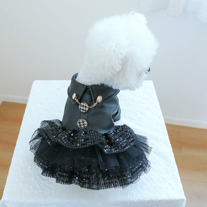Luxury Black Tutu Dog Dress – Elegant Princess Puppy Dress with Sequins & Gold Chain Detail