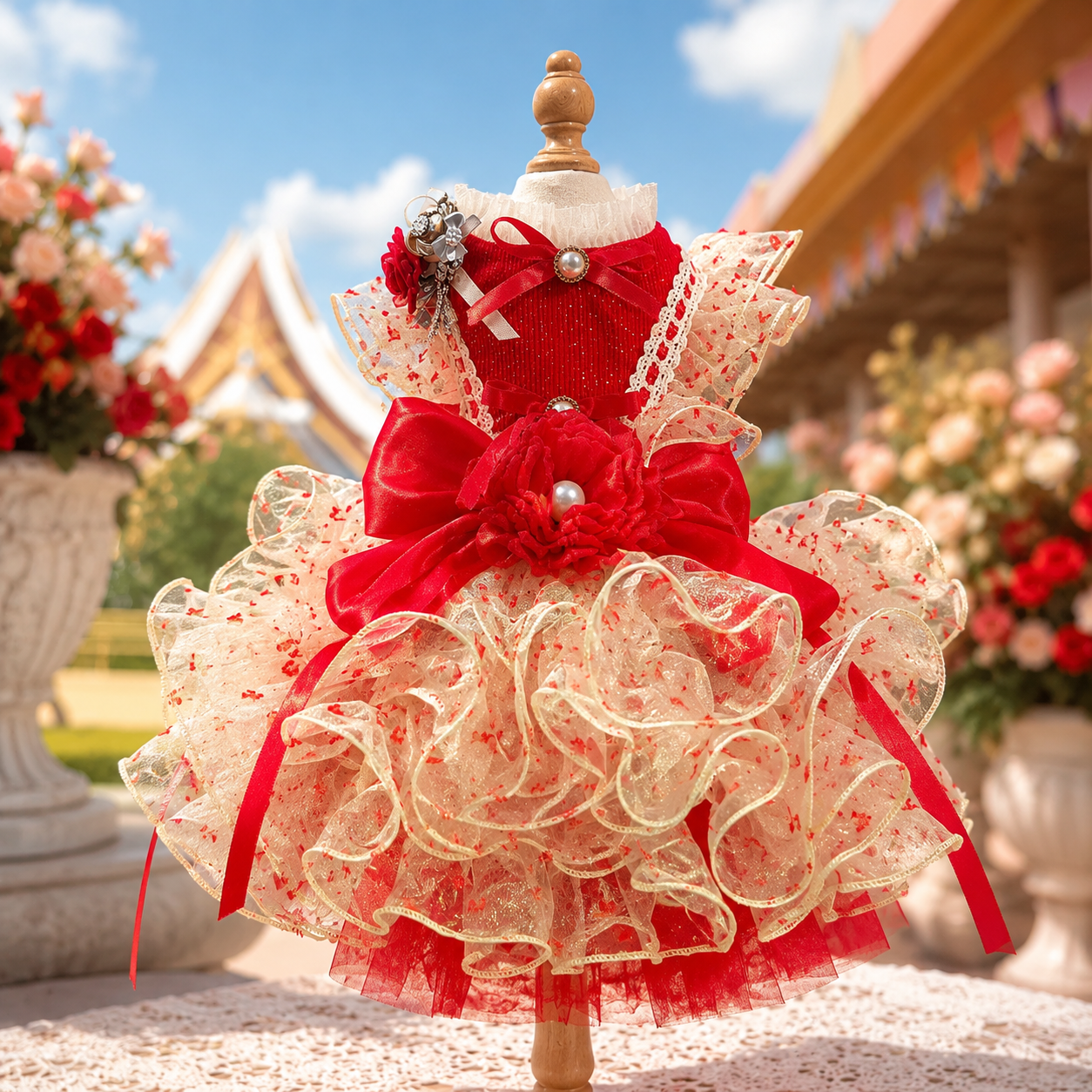 Close front view of red and ivory formal pet dress with pearl accents, lace trim, oversized bow, and layered skirt
