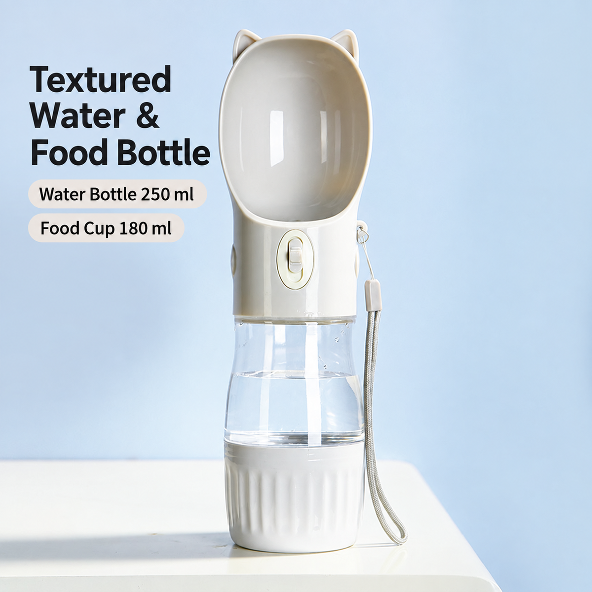 Gray cat-ear portable pet water bottle with 250 mL water chamber and 180 mL food cup