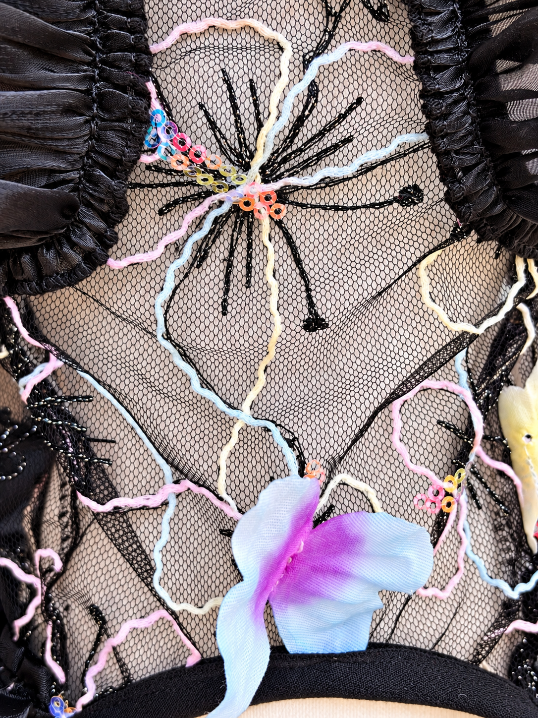 Close-up of Black embroidered floral lace and ruffled trim