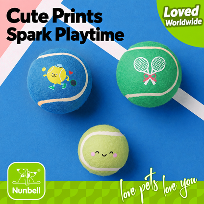 Blue, green, and light green printed Nunbell tennis ball designs