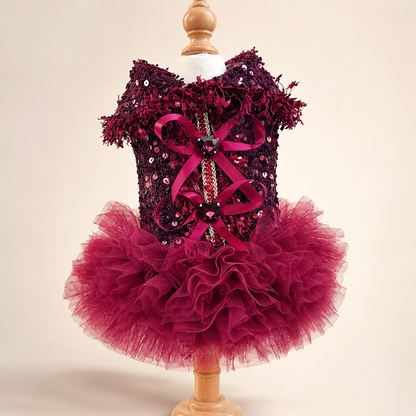Luxury Burgundy Sequin Dog Dress with Tulle Tutu Skirt