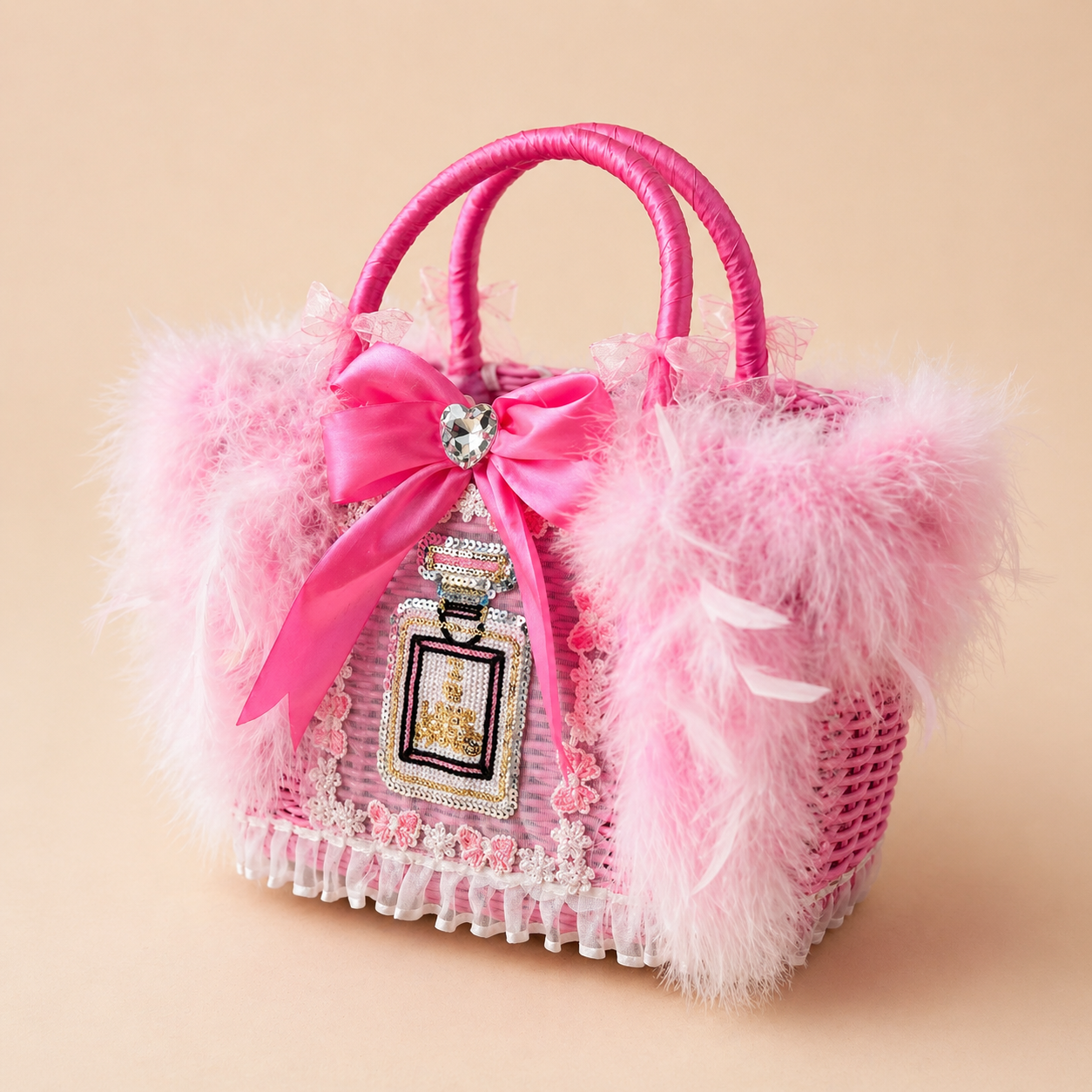 pink luxury pet carrier bag for small dogs with feather trim