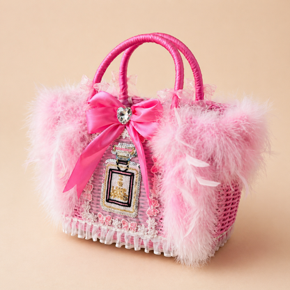pink luxury pet carrier bag for small dogs with feather trim