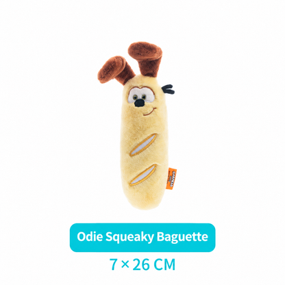 Odie squeaky baguette plush pet toy measuring 7 by 26 centimeters