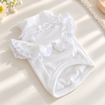 White 100 percent cotton ribbed pet shirt with lace ruffle collar sleeves and bow