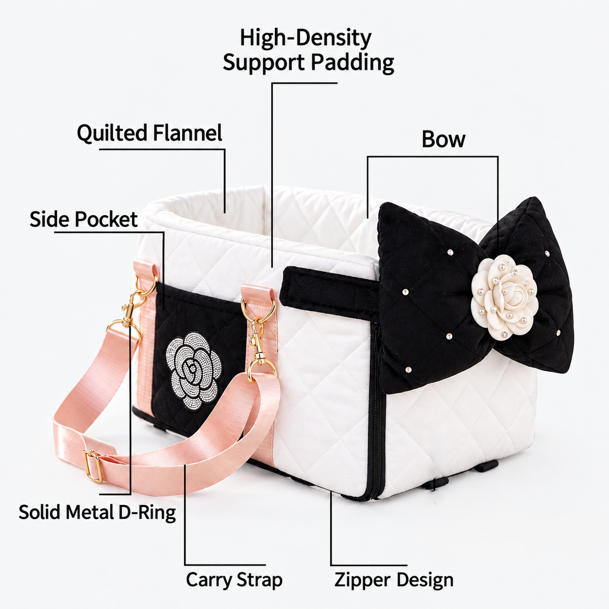 Quilted pet car seat carrier showing padding side pocket carry strap zipper and metal D-rings