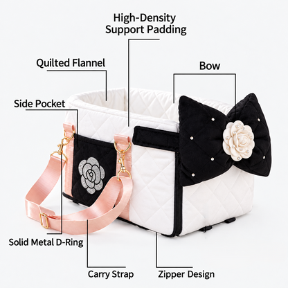 Quilted pet car seat carrier showing padding side pocket carry strap zipper and metal D-rings