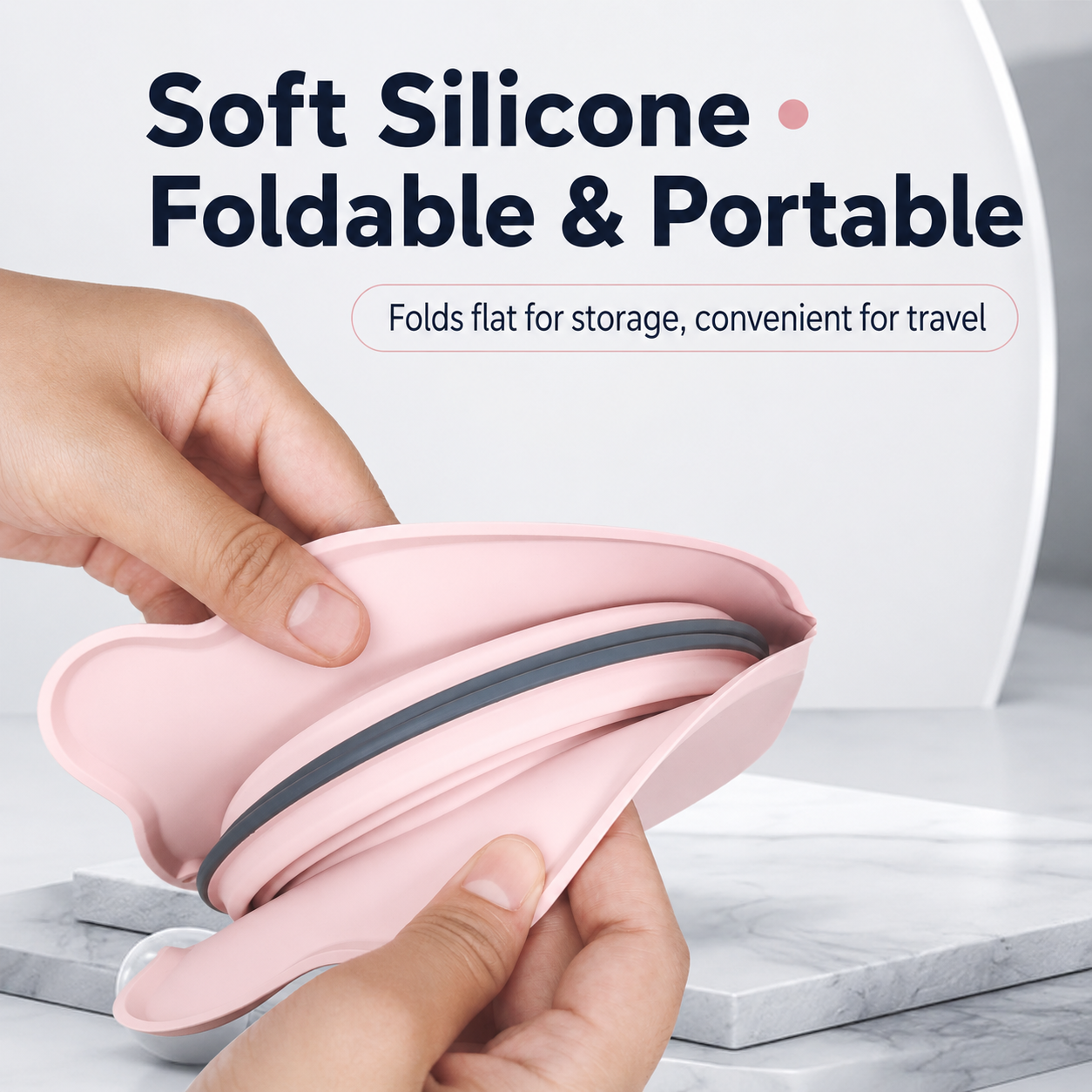 Pink collapsible silicone pet bowl folded flat for travel storage