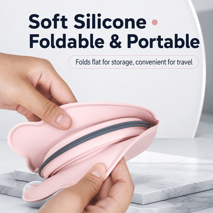 Pink collapsible silicone pet bowl folded flat for travel storage