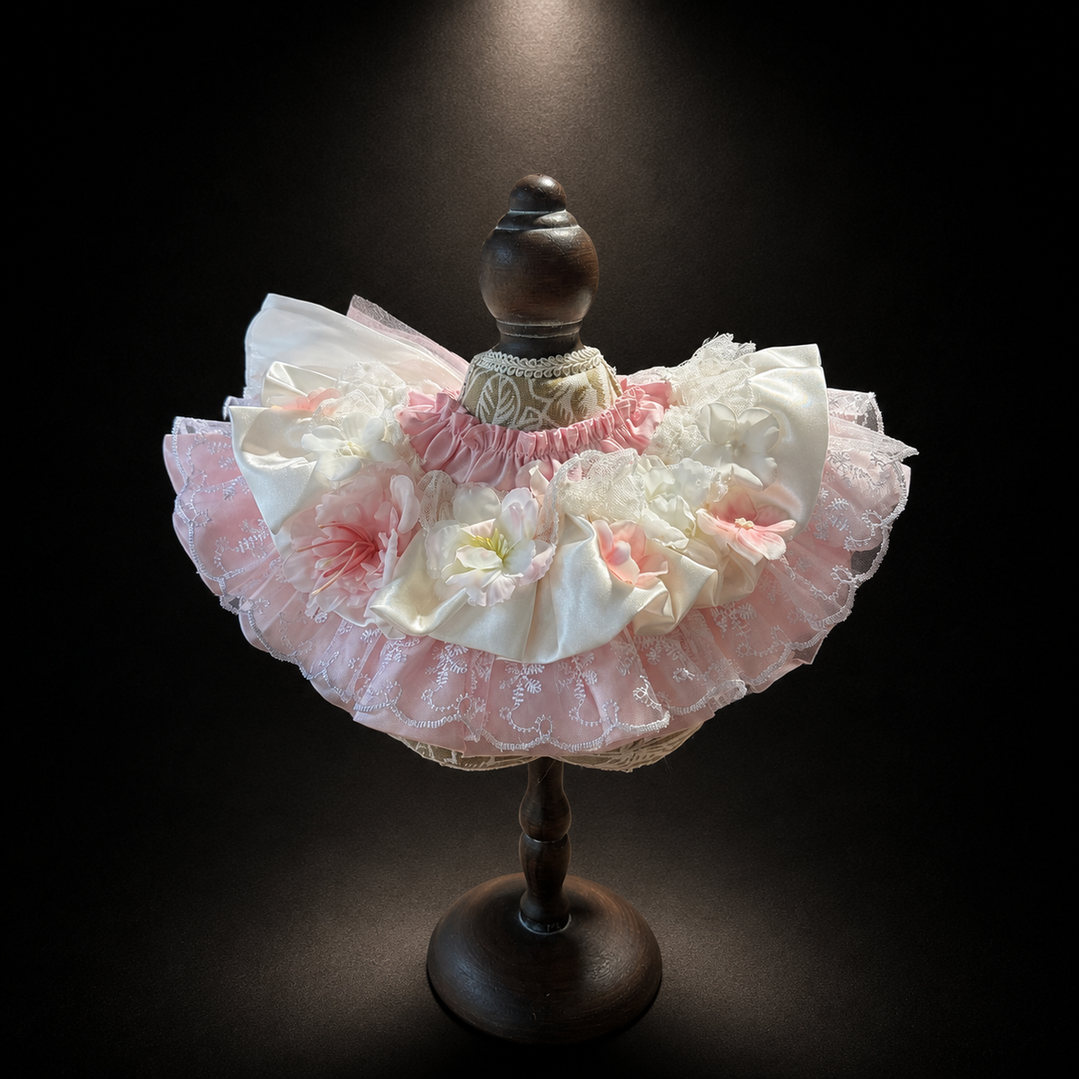 Pink White Floral Satin Lace Pet Bib Collar - pink white floral collar front view
