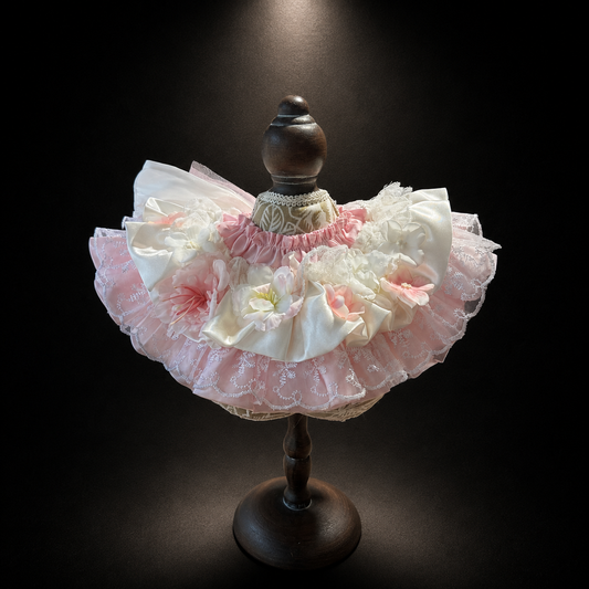 Front view of pink white floral satin lace pet bib collar with flowers ruffles and bow accents
