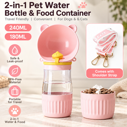 Pink pet travel bottle showing water compartment food cup and included shoulder strap