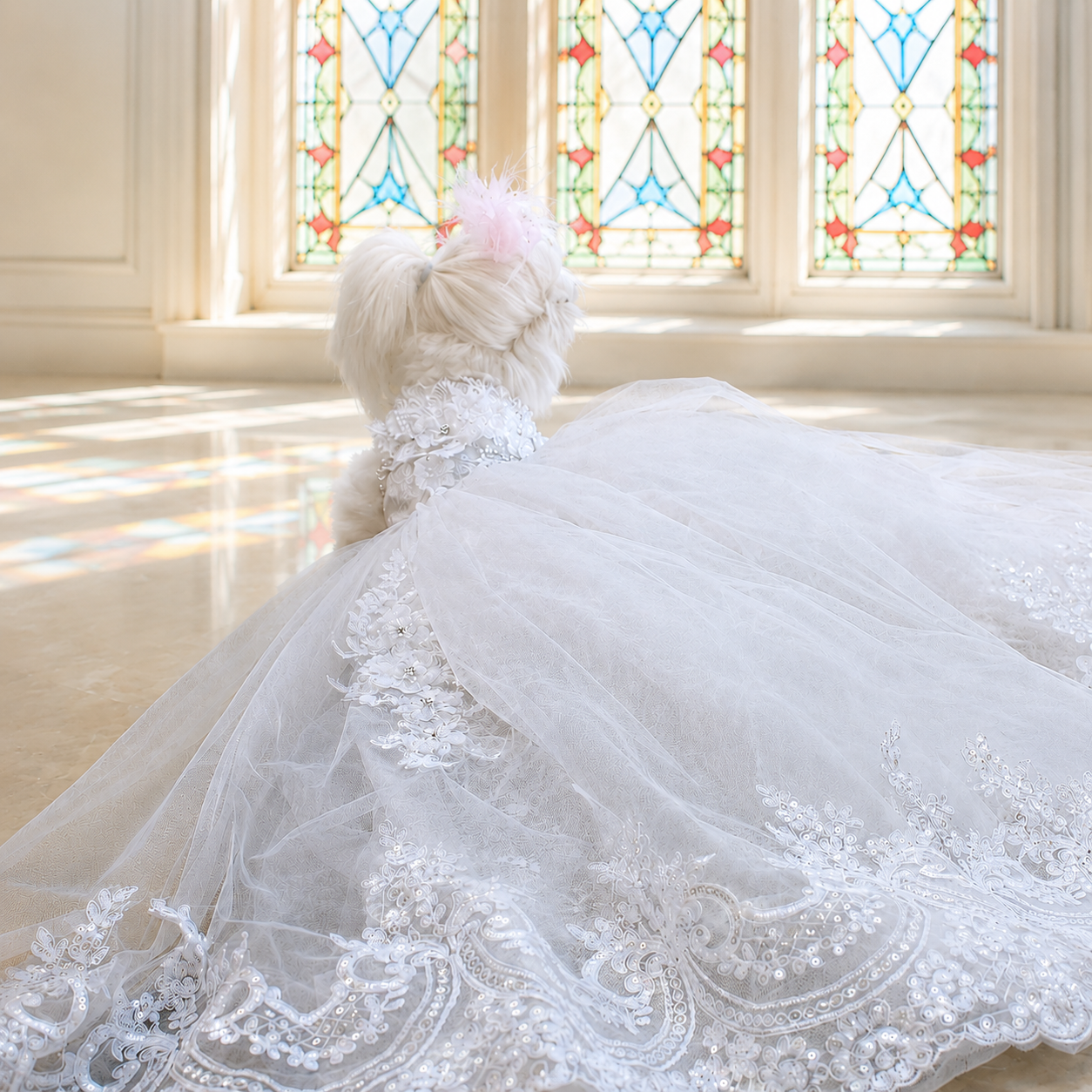 White Pet Bridal Gown with Embroidered Lace Train